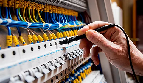 Eine Person arbeitet mit einem Werkzeug an einem elektrischen Schaltschrank. 