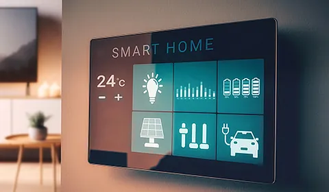 Wohnzimmer mit smarter Haustechnologie, einschließlich vernetzter Geräte und einem Tablet zur Steuerung der Funktionen.