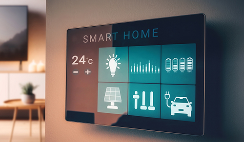 Wohnzimmer mit smarter Haustechnologie, einschließlich vernetzter Geräte und einem Tablet zur Steuerung der Funktionen.