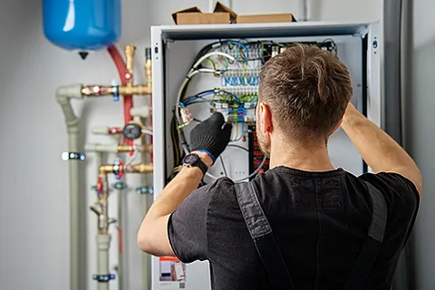 Ein Mann arbeitet an einem Wasserheizer und überprüft die Anschlüsse und Einstellungen. 